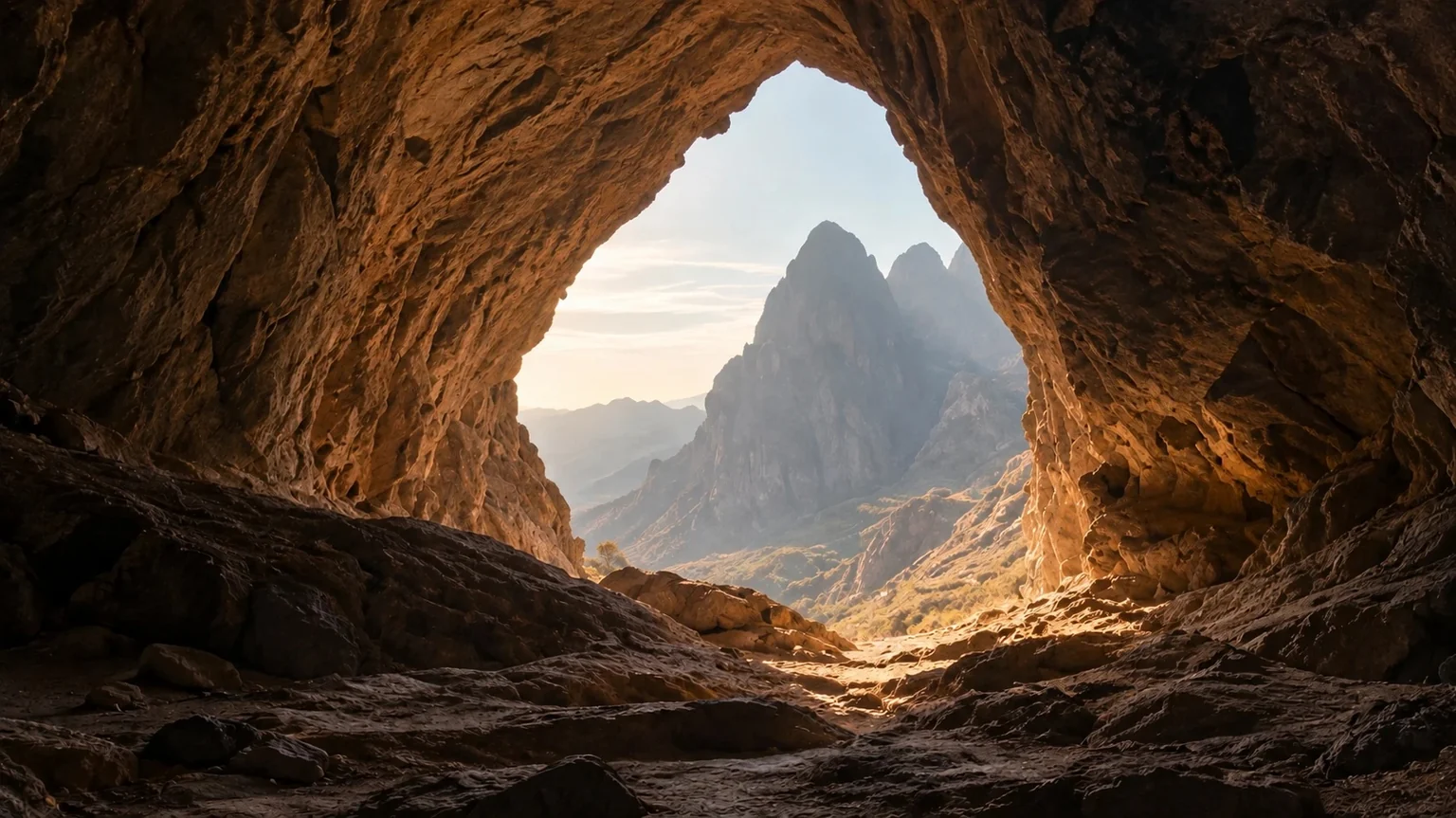 Vista de dentro de uma caverna ampla: a abertura revela montanhas iluminadas lá fora.