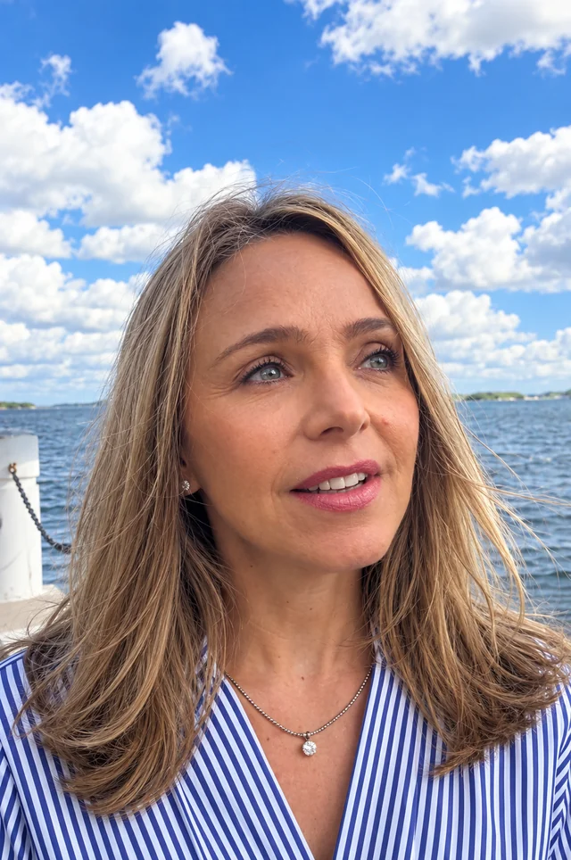 Thais Campos diante do mar, com o céu azul e nuvens ao fundo.