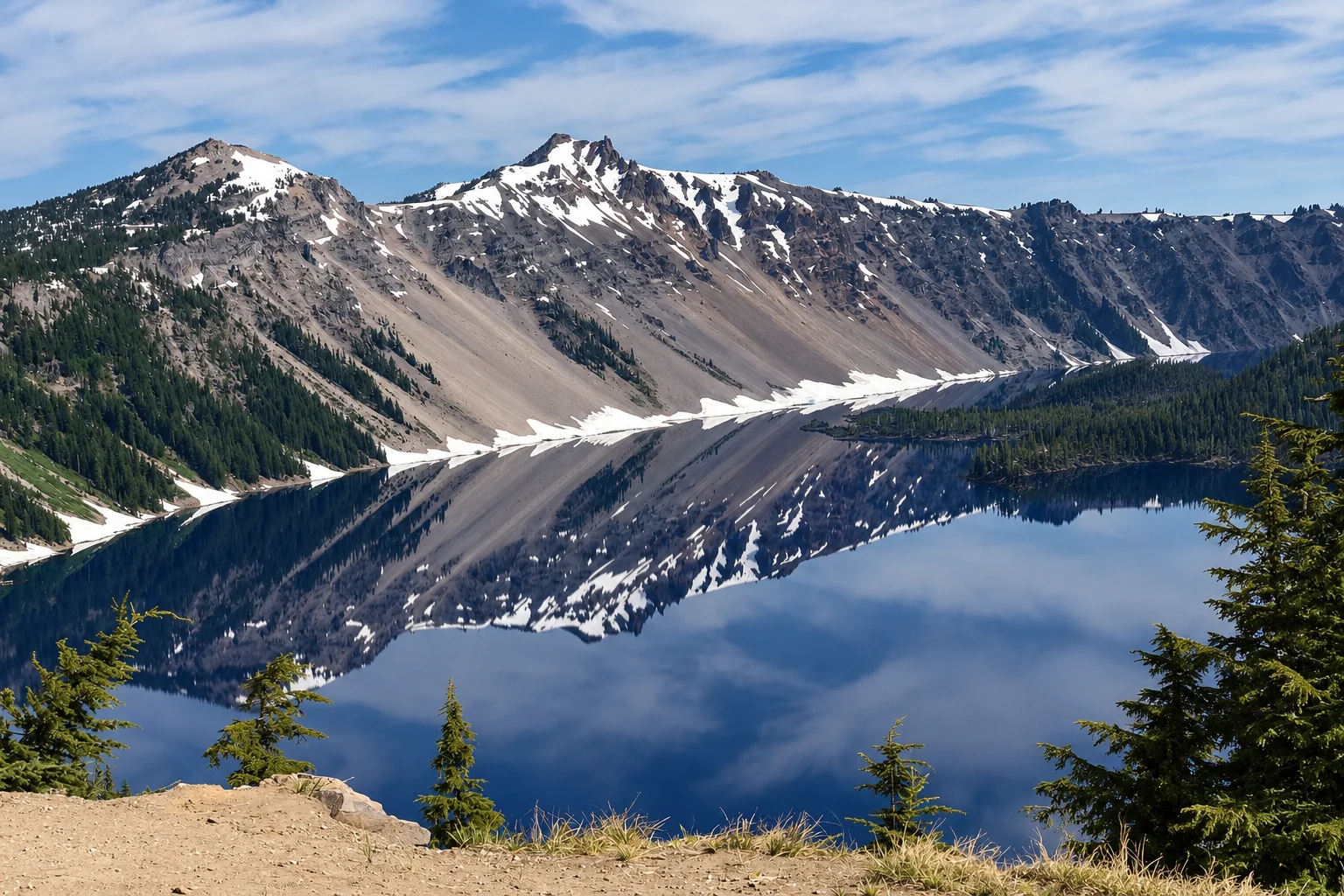 Montanhas com neve refletidas nas águas imóveis de um lago, como em um espelho.